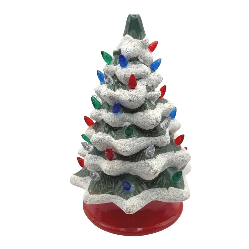 Ceramic Mold Light Up Flocked Christmas Tree Green Red 10.5 inch
